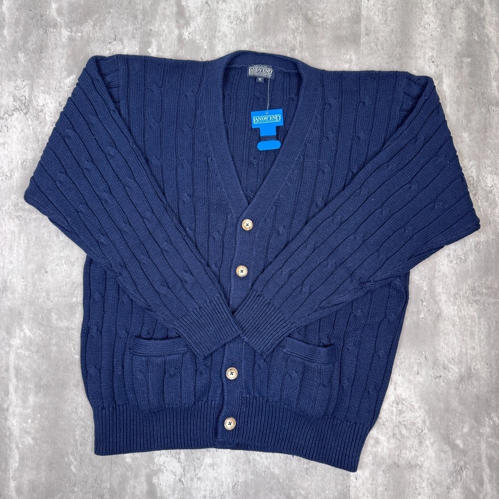 Vintage Lands End Sweater Mens XL Navy Cable Knit Cardigan Deadstock 90s NWT